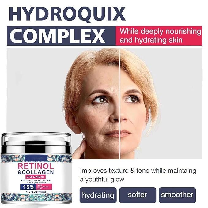 Retinol Cream for Face with Hyaluronic Acid, Collagen Face Moisturizer for Lifting Skin, Day-Night Anti-Aging Cream for Women and Men for Wrinkles, Fine Lines and Dryness - All Skin Types 1.7 Fl Oz