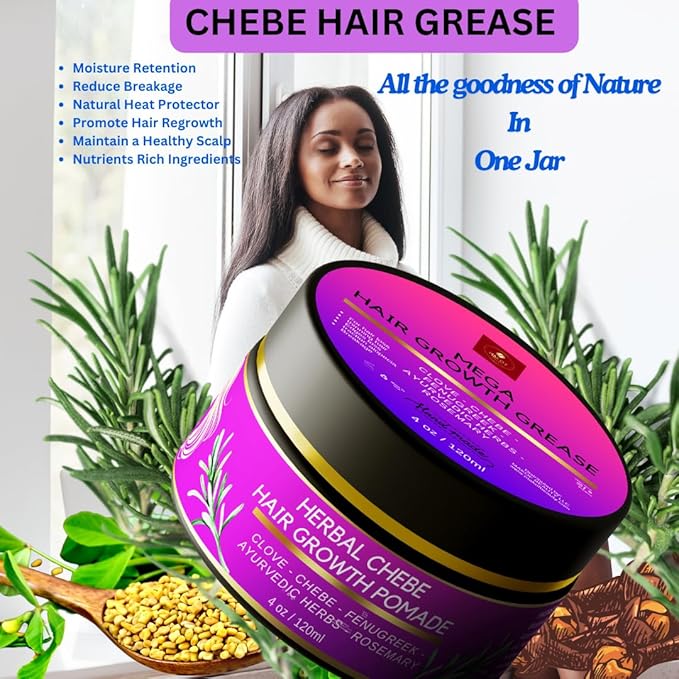 CHEBE MAGIC HAIR GROWTH GREASE, with Organic Chebe from Chad, Rosemary, Moringa leaf and Ayurvedic herbs. Stimulate scalp for Rapid Growth. For All Hair Types 4 oz (120ml)