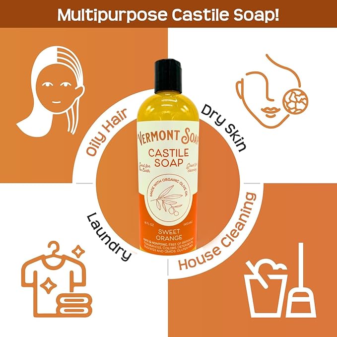 Vermont Orange Castile Soap, Gentle Liquid Soap for Sensitive Skin & Natural Body Wash, Organic Hair Shampoo for Oily Hair, Aloe Castile Soap for Men & Women - 16 Oz