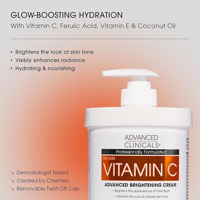 Advanced Clinicals Brightening Vitamin C Body Cream + Potent Vitamin C Face Moisturizer Gel Cream 2pc Skincare Set For Women & Men To Diminish Appearance Of Dark Spots, Wrinkles, & Dry Skin, 2pc Set