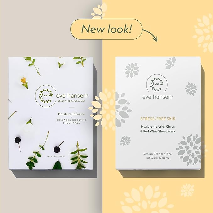 Eve Hansen Collagen Face Mask Sheets Set of 5 – Hydrating & Nourishing Care for All Skin Types – With Hyaluronic Acid, Tangerine Peel, Blueberry Extract & Spinach Leaf