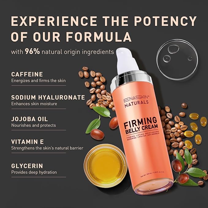 Enaskin Naturals Belly Firming Cream: B Flat Skin Tightening, Cellulite & Stretch Mark Reduction Cream for Stomach, Thighs and Booty - Hydrating Body Lotion for Women & Men, 3.38 Fl. Oz