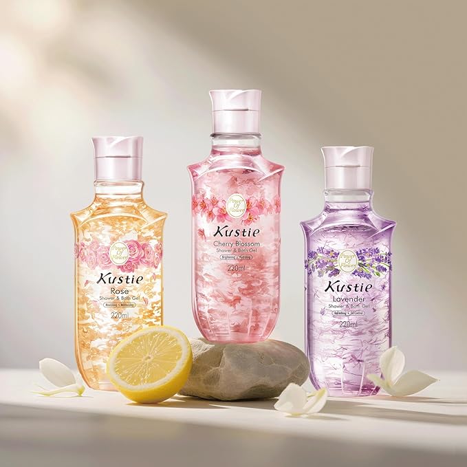 Kustie Cherry Blossom Petal Body Wash with Niacinamide & Real Flower Extracts – Brightening & Hydrating Perfume Shower Gel with Antioxidants, Amino Acids & Long-Lasting 24H Floral Fragrance, 7.4 fl oz