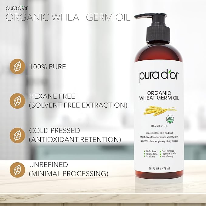 PURA D'OR 16 Oz ORGANIC Wheat Germ Oil - 100% Pure & Natural USDA Certified Cold Pressed Carrier Oil - Vitamin E Rich, Moisturizing & Nourishing Anti-Aging Properties - Healthy Hair Growth & Skincare