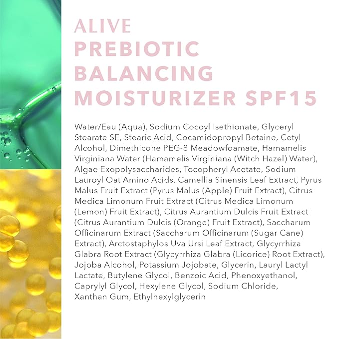 Algenist ALIVE Prebiotic Balancing Moisturizer SPF15 - Moisturizing Mineral Sunscreen for Face, Neck & Chest with Prebiotics - Zinc Oxide Facial Sunscreen (50ml / 1.7oz)