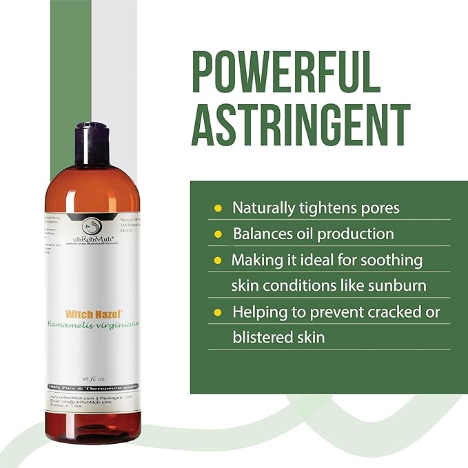 Witch Hazel Natural USP Oil – 100% Pure with 14% Natural Grain Alcohol | Hamamelis Virginiana Extract for Face, Skin, Hair & Wellness | Astringent & Soothing Properties | 16 Fl Oz