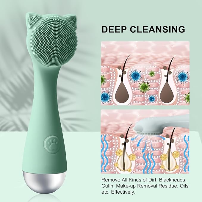Facial Cleansing Brush, Silicone Face Scrubber Exfoliator for Men & Women, Electric Face Brush Waterproof, with 3 Speeds Adjustable for Deep Cleaning, Removing Blackhead, Facical Massaging