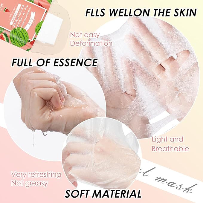 10 Pack Fruits Sheet Face Mask, Watermelon Refreshing Mask SkinCare, Moisturizing Face Mask, Leaves Skin Smoother Looking Hydration With Antioxidants Natural Vegan for All Skin Types