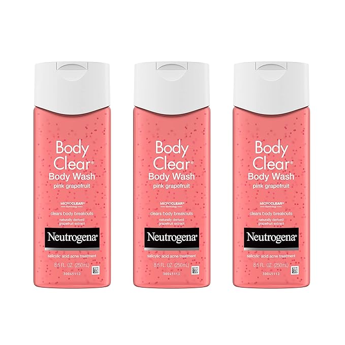 Neutrogena Body Clear Acne Treatment Body Wash with Salicylic Acid Acne Medicine, Pink Grapefruit Body Acne Cleanser to Prevent Breakouts on Back, Chest & Shoulders, 8.5 fl. oz, 3 Pack