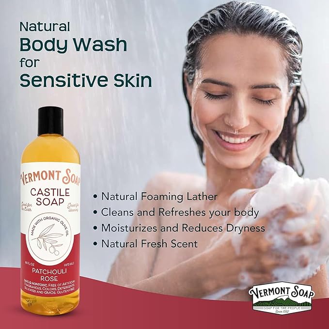 Vermont Castile Soap Patchouli Rose, Gentle Liquid Soap for Sensitive Skin & Natural Body Wash, Organic Hair Shampoo for Oily Hair, Aloe Castile Soap for Men & Women - 16 Oz