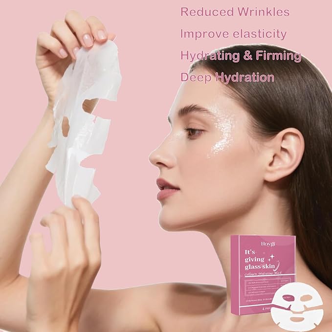 4Pack Hydrating Collagen Face Mask for Korean Glass Skin – Firming and Wrinkle Reduction Sheet Mask for Youthful, Firming, Bio-Collagen Facial Mask for All Skin Types