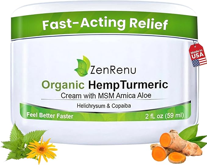 Zenrenu Organic Hemp Turmeric Joints & Muscle Cream with Arnica, MSM, Hemp Oil Extract, & 7 Essential Oils - Non Greasy & Fast Absorbing for Back, Neck, Elbows, Knees, & Hip 4 oz