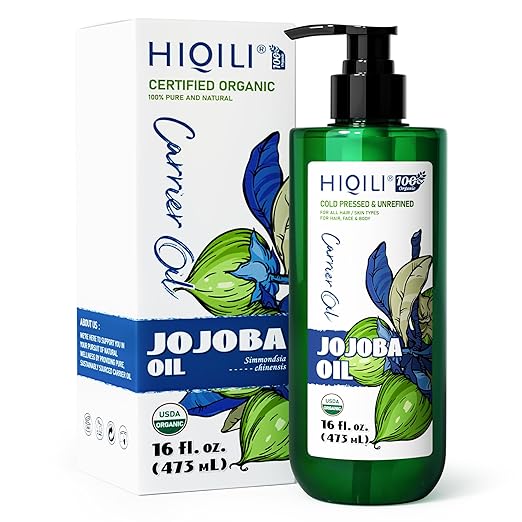 HIQILI 473ML Jojoba Oil Organic for Hair Growth, Skin, Face, Nails, 100% Pure Cold Pressed, Carrier Oil for Essential Oils Mixing, Included Roller Bottle - 16 Fl Oz