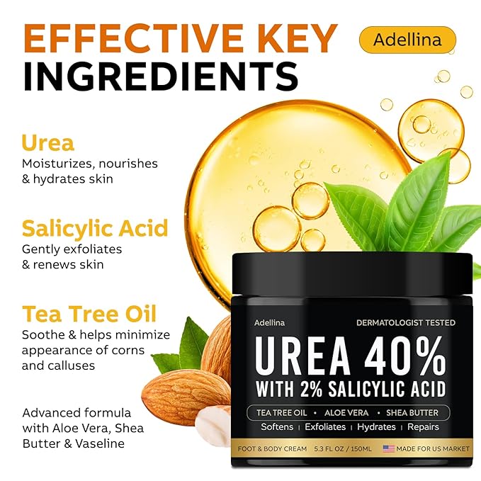 Urea Cream 40 Percent for Feet Maximum Strength, Urea Foot Cream for Dry Cracked Heels Feet Knees Elbows, 40% Urea Foot Repair Lotion 5.3 OZ