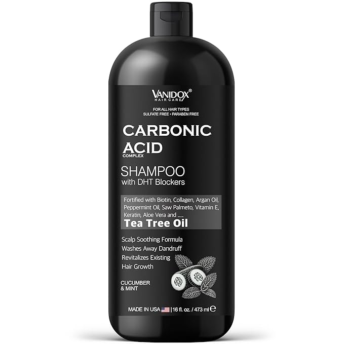 Carbonic Acid Shampoo for Men and Women with DHT Blockers - Made in USA - Stimulates Hair Growth, Scalp Exfoliator, Sulfate Free Shampoo with Biotin and Tea Tree Oil (16 Fl Oz)