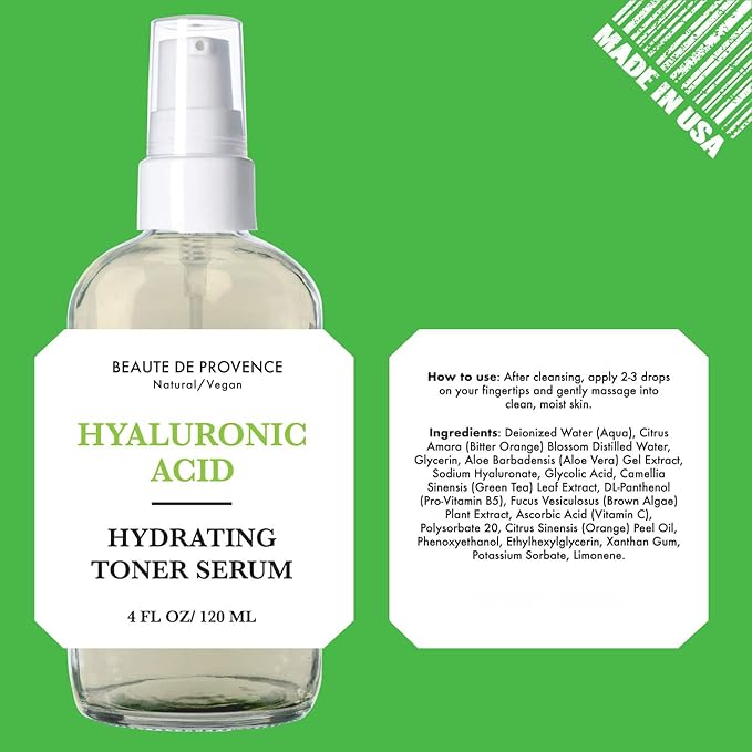 Beaute DE Provence Hydrating Hyaluronic Acid Toner for Face - Facial Setting Spray - Enhanced with Green Tea - Dark Spot Remover - 4 Fl Oz and Aloe Vera