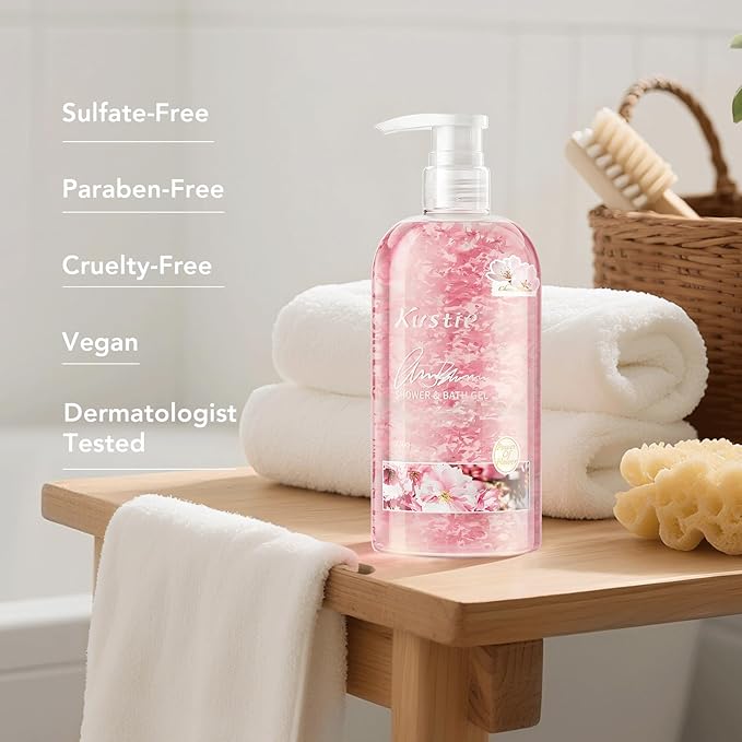Kustie Cherry Blossom Perfume Body Wash with Niacinamide & Real Sakura Petals – 24H Long-Lasting Floral Scent Shower Gel in Clear Pump Bottle – Brightening, Hydrating & Antioxidant, 24.3 fl oz