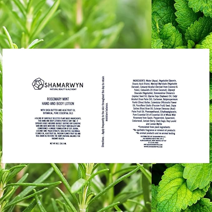 Hand & Body Lotion, Rosemary Mint, Natural-Organic, Hydrating, Shea Butter & Acaí Fruit Oil, 8oz