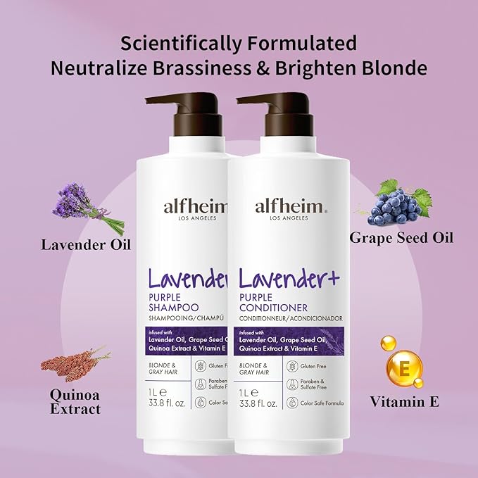 Alfheim Lavender+ Purple Shampoo & Conditioner Set | Neutralize Brassiness & Enhance Cool Tone for Platinum, Silver ＆ Blonde Hair | Anti Brass While Hydrating | Paraben-Free, Color-Safe | 33.8 oz Each