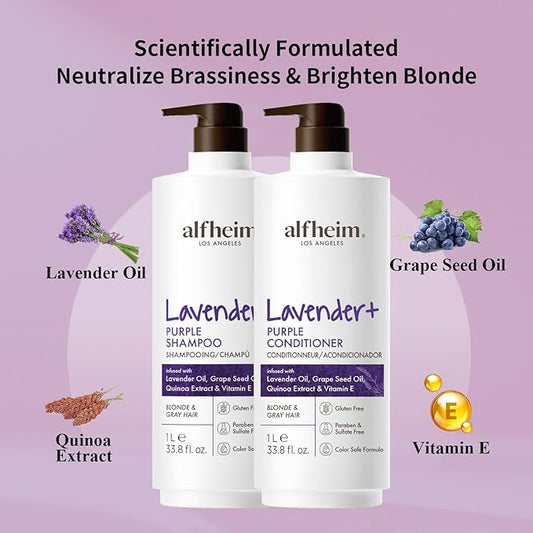 Alfheim Lavender+ Purple Shampoo & Conditioner Set | Neutralize Brassiness & Enhance Cool Tone for Platinum, Silver ＆ Blonde Hair | Anti Brass While Hydrating | Paraben-Free, Color-Safe | 33.8 oz Each