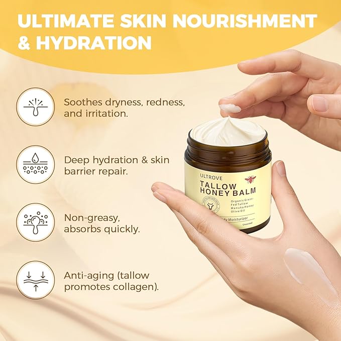 Beef Tallow and Honey Balm for Skin, Natural Face + Body Moisturizer with Organic Grass-Fed Beef Tallow & Raw Wild Honey for Dry & Sensitive Skin, 4.23oz