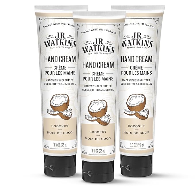 J.R. Watkins Natural Moisturizing Hand Cream, Hydrating Hand Moisturizer with Shea Butter, Cocoa Butter, and Avocado Oil, Cruelty Free, 3.3oz, Coconut, 3 Pack