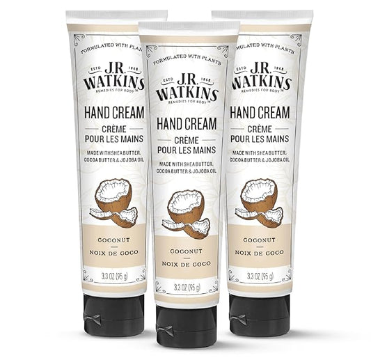J.R. Watkins Natural Moisturizing Hand Cream, Hydrating Hand Moisturizer with Shea Butter, Cocoa Butter, and Avocado Oil, Cruelty Free, 3.3oz, Coconut, 3 Pack