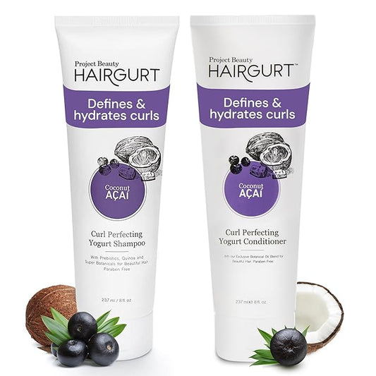Coconut and Acai Shampoo and Conditioner Set for Curly Hair - Sulfate Free, Ultra Moisturizing for Defined, Frizz Free Curls - Natural Botanicals for Wavy to Coily Hair Types - 8 Oz