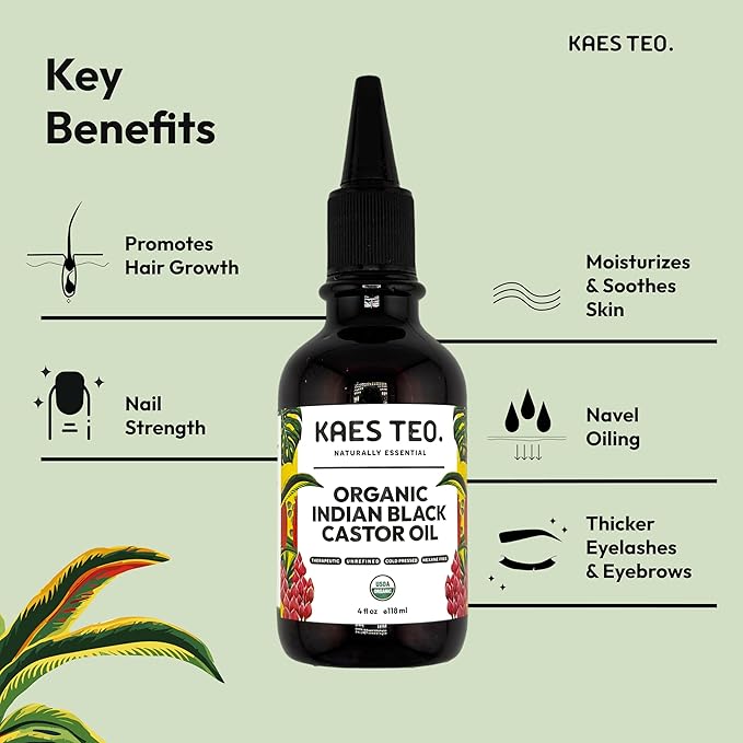 Organic Black Castor Ayurvedic Hair Oil Hexane Free, Boost Hair Growth, Not Jamaican Black Castor Oil, 100% Pure, Cold Pressed, USDA Certified, Skin, Nail, Scalp, Eyebrows & Lashes 4 fl oz
