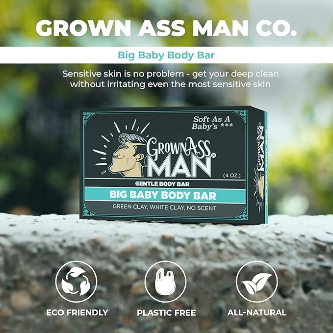 Grown Ass Man Co. Body Bars - Solid Soap with Natural Oils & Soothing Clay - Plastic Free & Eco-Friendly, Natural & Organic for All Skin Types, 4oz Bar - Big Baby, 6-Pack