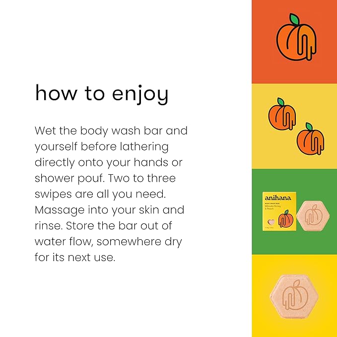 ANIHANA Body Wash Bar with Coconut Oil, Soap Free, Moisturizing, Gentle, Soft Skin Care, Refreshing Manuka Honey & Peach Scent 2.8 Oz