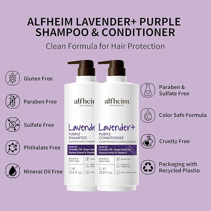 Alfheim Lavender+ Purple Shampoo & Conditioner Set | Neutralize Brassiness & Enhance Cool Tone for Platinum, Silver ＆ Blonde Hair | Anti Brass While Hydrating | Paraben-Free, Color-Safe | 33.8 oz Each