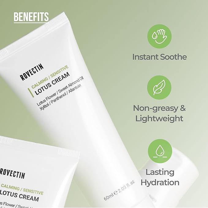 ROVECTIN Calming Lotus Water Cream (2.03 fl.oz, 60ml) Moisturizer + Aqua Hyaluronic Essence (6.08 fl.oz, 180ml) Facial Toner Bundle | Vegan Korean Skincare [2 Pack]