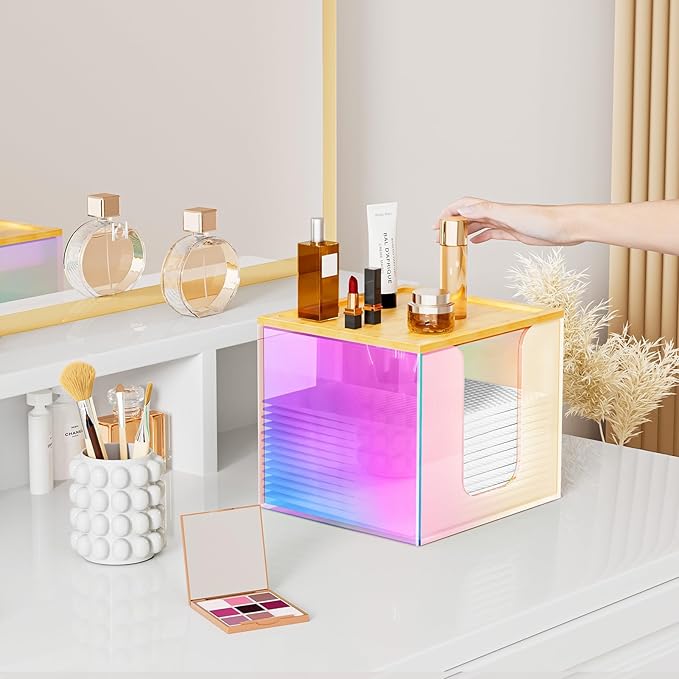 VITVITI Disposable Face Towel Holder Box, Acrylic Facial Towel Container for XL Clean Skin Club, Large Disposable Face Towels Storage with Bamboo Lid, for Bathroom, Vanity Makeup, Rainbow