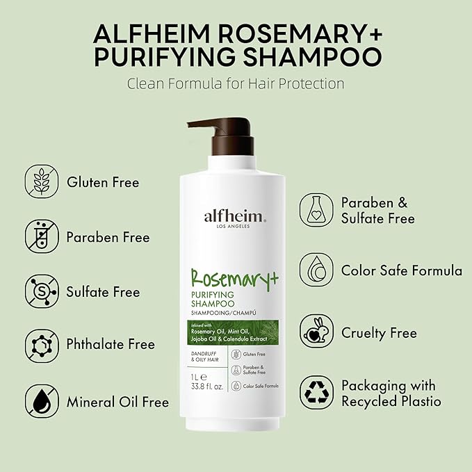 ALFHEIM Rosemary+ Purifying Shampoo | Rosemary, Mint & Jojoba Oil Infused | Gentle Cleansing While Balancing for Oily Scalp & Removing Build-Up | Sulfate-Free ＆ Paraben-Free | 33.8 fl oz
