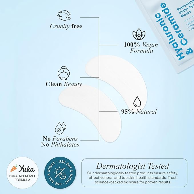 Under Eye Patches with Hyaluronic & Ceramide- Dermatologist Tested Korean Eye Gel Patches for Dark Circles & Puffiness -Illuminating & Wrinkle Reducing Formula for Brighter Eyes -15 Pairs