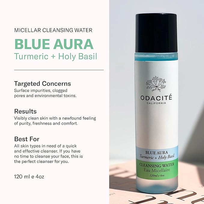 ODACITE Odacité Facial Cleanser with Foam - Blue Aura Cleansing Water Facial Wash with Neem, Holy Basil & Turmeric - No-Rinse Micellar Water Removes Pollution, Impurities & Makeup, 4.0 fl. Oz