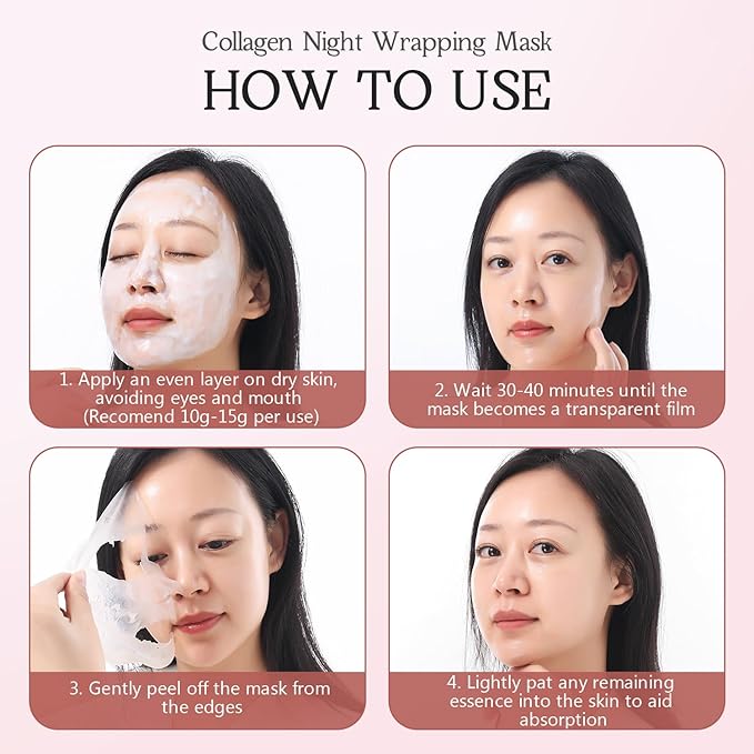 Collagen Night Wrapping Mask for Glowing Skin, Collagen Overnight Wrapping Peel Off Facial Mask for Elasticity Hydration, Reduce Sagging Dullness, 2.65 fl.oz, Pink(Brush Included)
