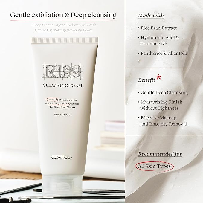R199 Gentle Cleansing Foam with Rice Bran Extract–Deep Cleansing,Exfoliating, Hydrating & Low pH Formula for Radiant Skin, Makeup Removal, Korean Skincare 5.07 fl.oz.