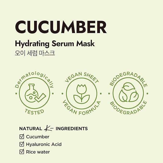 Epielle Cucumber Hydrating Serum Sheet Masks (5pk) | Korean Skincare | Facial Sheet Mask | Kbeauty, Spa Gifts for Women
