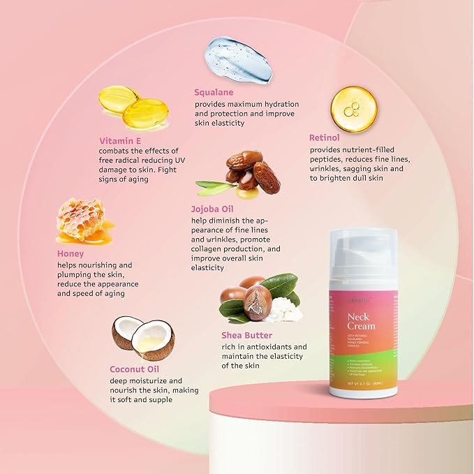Neck Cream for Tightening and Firming: Anti Aging Anti Wrinkles Reduces Neck Lines Fine Lines - Retinol Niacinamide Squalane Hyaluronic Acid Ceramides Cruelty Free Paraben Free 2.8 OZ/80g