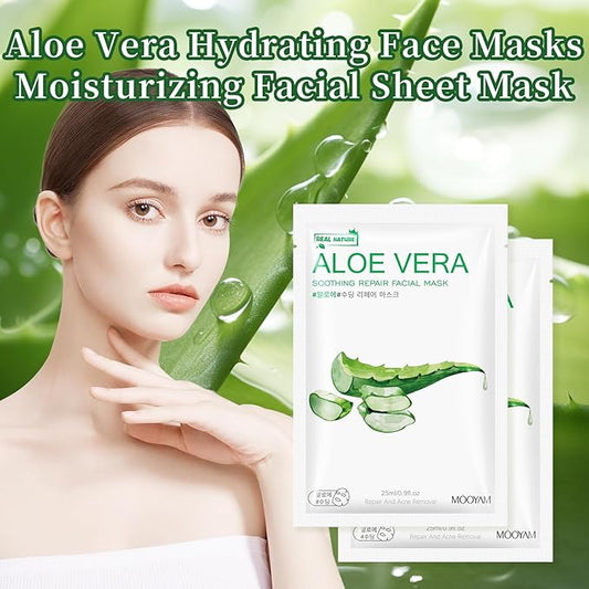 10 Sheets Aloe Vera Face Masks Skincare, Hydrating Face Mask Skincare For Dry, Oily, Sensitive Skin, Aloe Facial Masks Skin Care Sheet For Moisturizing, Soothing, Calming, Sun Care