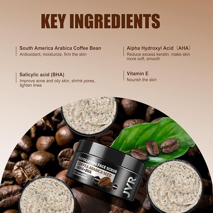JVR Face Scrub for Men, Facial Scrub for Deep Exfoliating, Cleansing, Removing Blackheads, Ingrown Hair, Pre-shave Soften, Organic Formulated with Coffee Extract, AHA and BHA Face Exfoliator (4.23 oz)