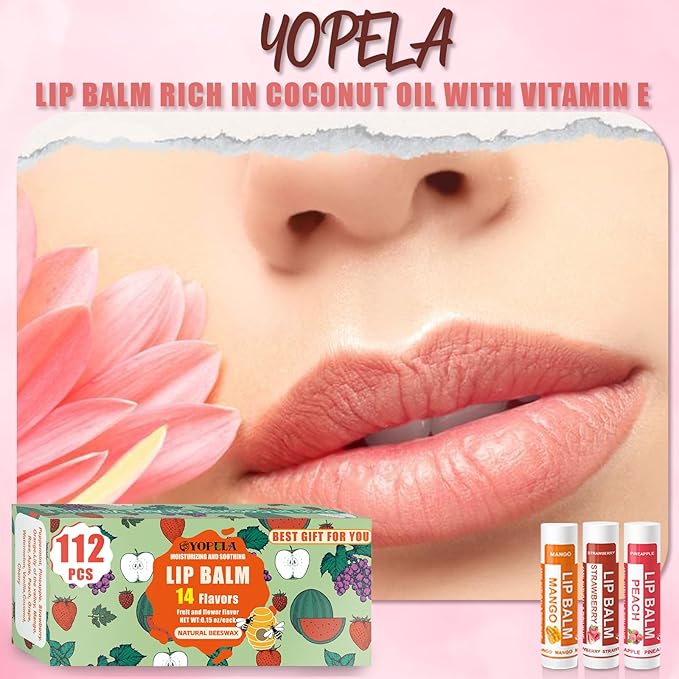 YOPELA 112 Pack Natural Lip Balm Bulk Lip Moisturizer with Vitamin E and Coconut Oil - Hydrating, Moisturizing, Soothing, and Repairing Dry and Chapped Lips Valentine's Gift - 14 Flavors - Non-GMO