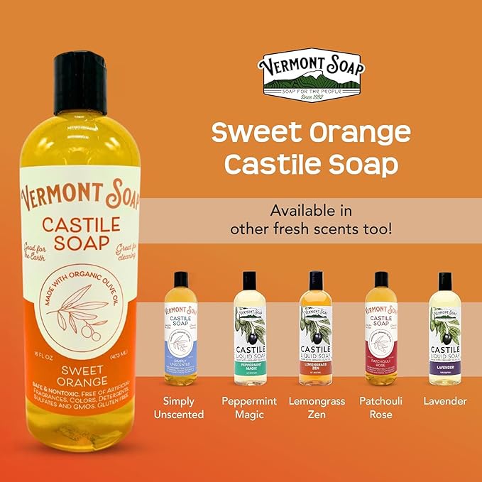 Vermont Orange Castile Soap, Gentle Liquid Soap for Sensitive Skin & Natural Body Wash, Organic Hair Shampoo for Oily Hair, Aloe Castile Soap for Men & Women - 16 Oz