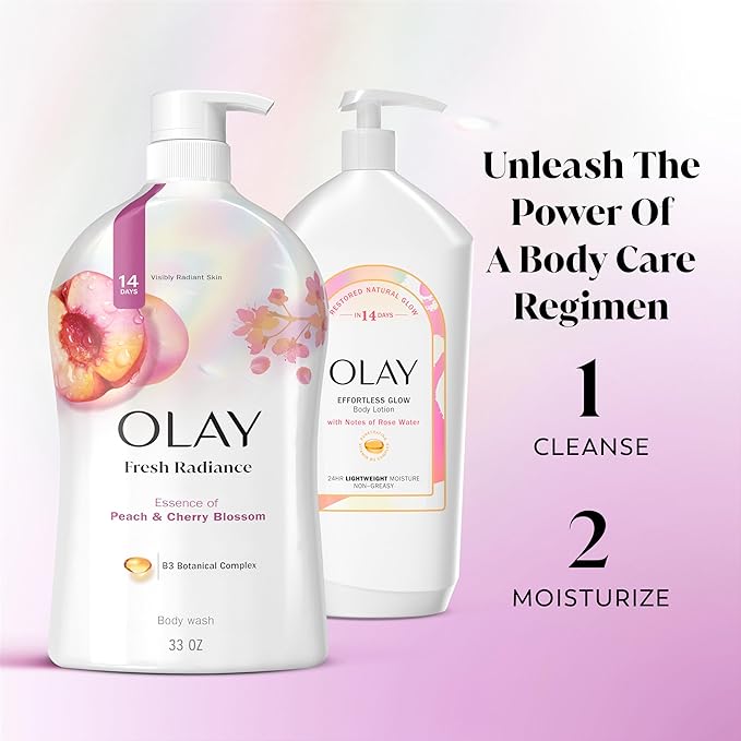 Olay Body Wash for Women, Fresh Radiance, Refreshing & Renewing, Made with Plant Based Cleansers, B3 Botanical Complex, For All Skin Types, Peach & Cherry Blossom Scent, 33 fl oz