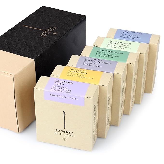 AUTHENTIC BATH & SOAP Natural Bar Soap Set for Oily Skin – Handmade, Acne Oil Control, Odor-Fighting (6-Pack): Tea Tree, Pine Tar, Orange & Cinnamon, Lavender, Activated Charcoal, Honey & Chamomile