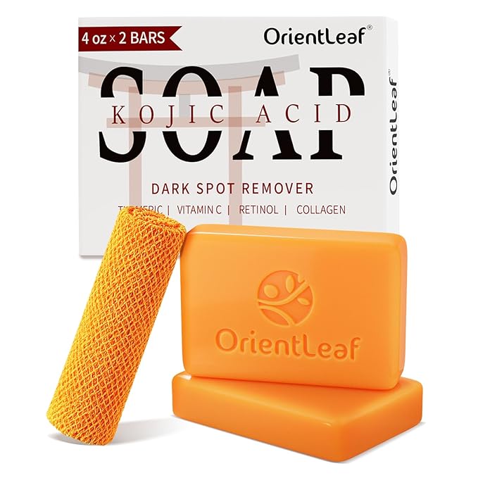 Kojic Acid Soap with African Sponge Net, 4oz Turmeric Soap Bar, Fresh Citurs Scent, Gentle for Face and Body Wash with Vitamin C, Retinol (2 Pack)