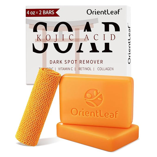 Kojic Acid Soap with African Sponge Net, 4oz Turmeric Soap Bar, Fresh Citurs Scent, Gentle for Face and Body Wash with Vitamin C, Retinol (2 Pack)
