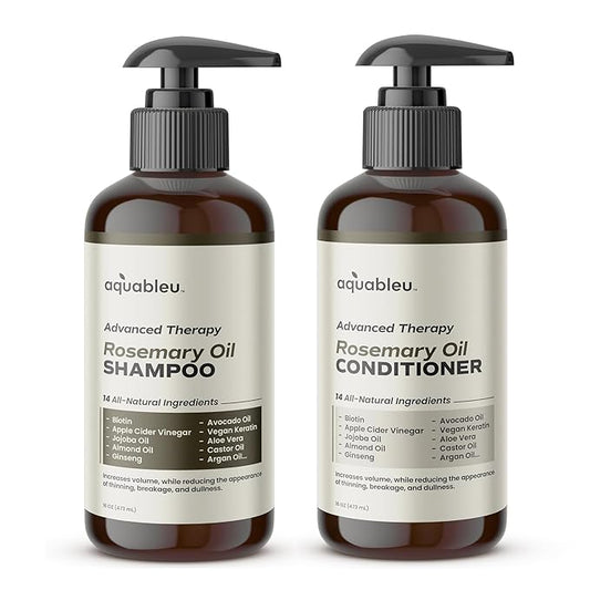 Aquableu Advanced Therapy Anti-Thinning Rosemary Oil Shampoo & Conditioner Set - Infused with 14 All-Natural Ingredients for Volume, Strength, Thickness, and Dullness Reduction (16oz)